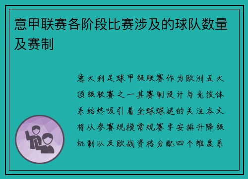 意甲联赛各阶段比赛涉及的球队数量及赛制